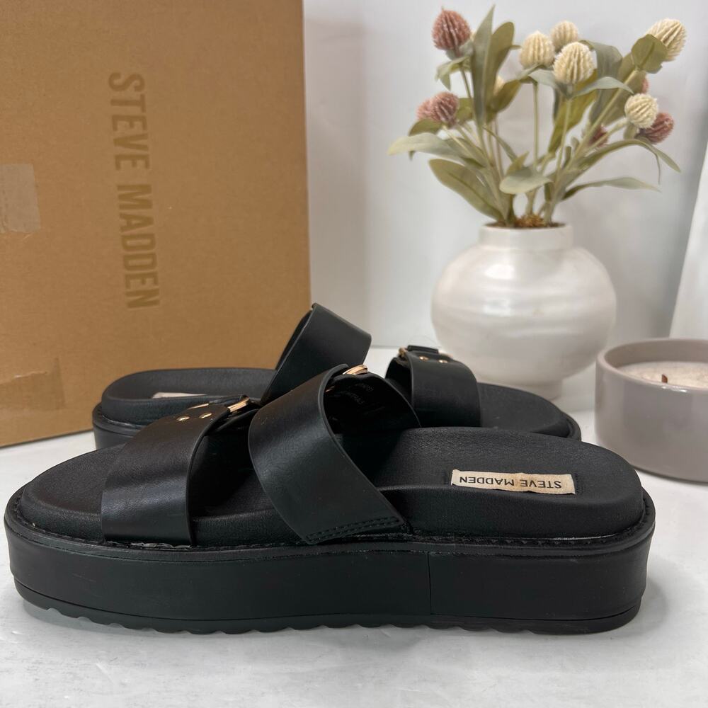 Steve Madden Brooklin Double Strap Sandal Black Gold Tone Buckles Women 9.5M - Picture 6 of 11